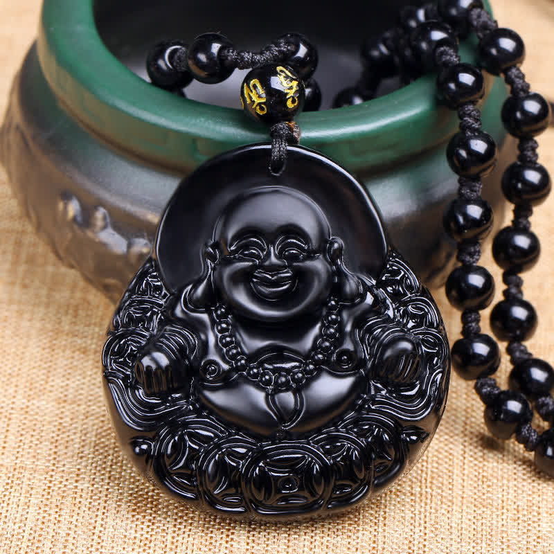 Buddha Stones Laughing Buddha Black Obsidian Strength Protection Pendant Necklace - Black Obsidian - image 1