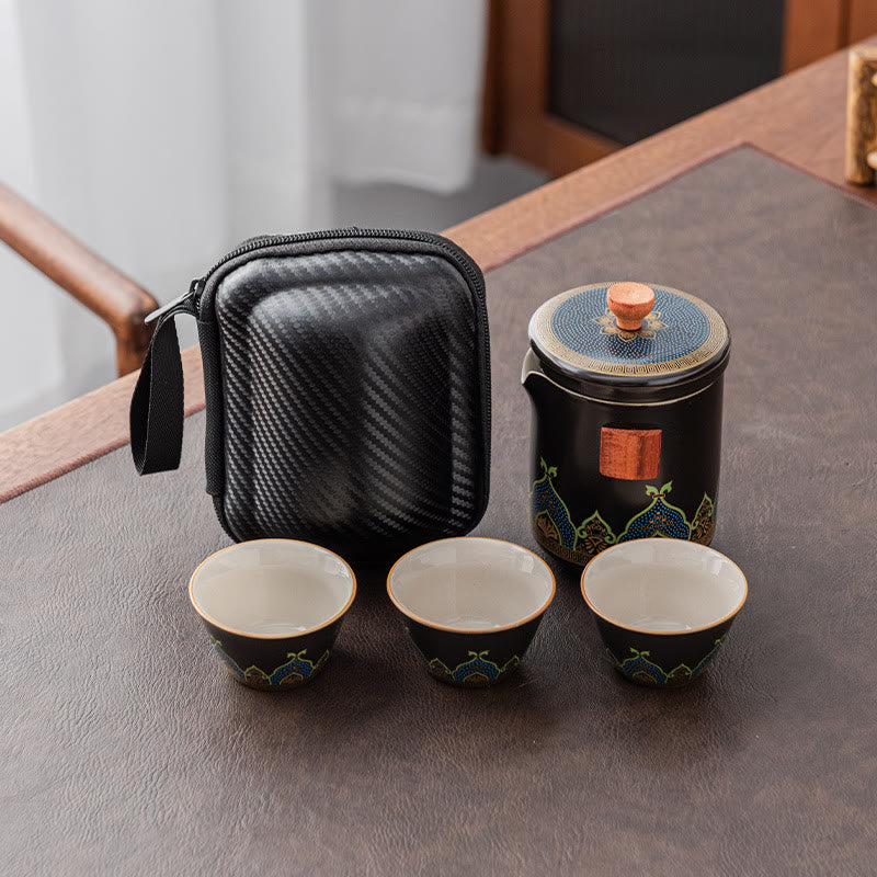 Flower Chinese Gongfu Ceramic Teapot Portable Outdoor Travel Tea Set Bag - Black - 1 Teapot+3 Cups+1 Bag - image 20