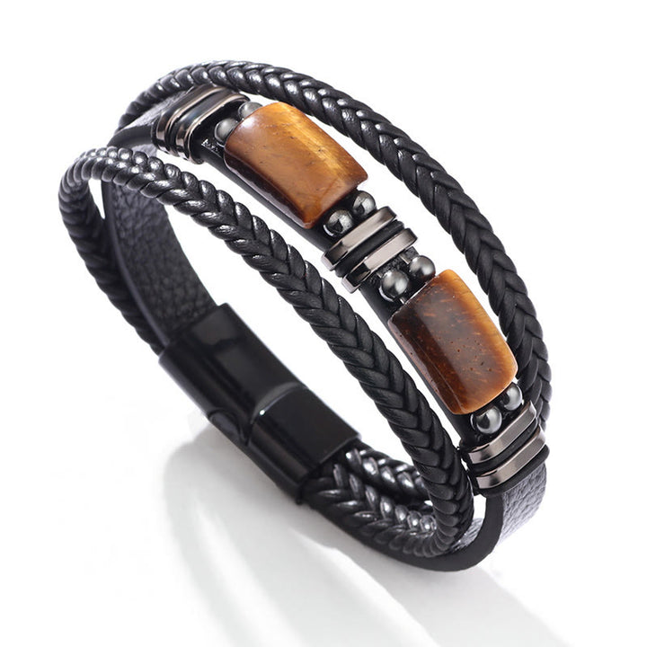 Buddha Stones Tiger Eye Power Magnetic Buckle Multilayered Leather Bracelet - Two Tiger Eye Stone - 19-21cm - image 4