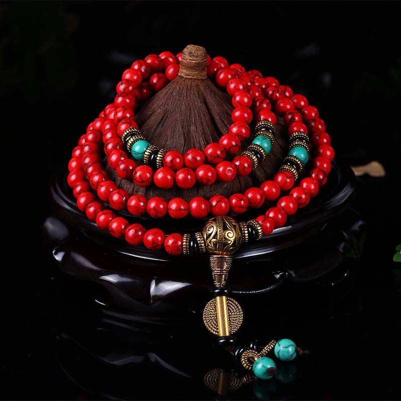 Buddha Stones Tibetan Mala Red Turquoise Lucky Necklace Bracelet - 8mm*108 - image 0