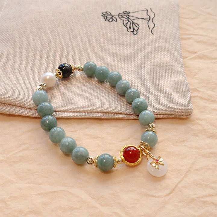 Buddha Stones Natural Jade Red Agate Pearl Bow Tie Luck Bracelet