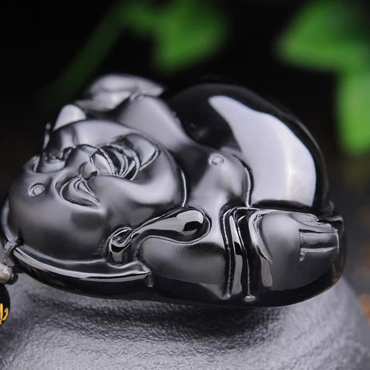 Buddha Stones Laughing Buddha Black Obsidian Transformation Pendant Necklace - image 6