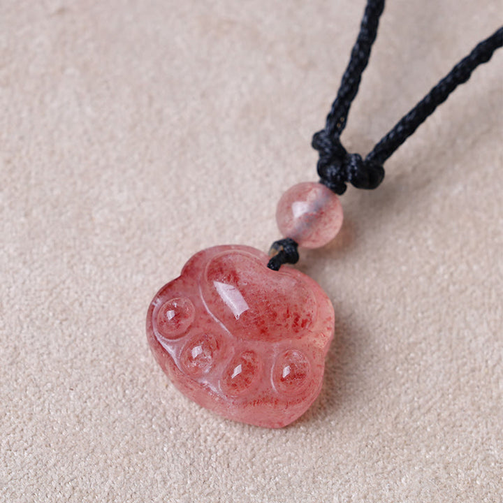 Buddha Stones Strawberry Quartz Lovely Cat Paw Claw Healing Necklace Pendant - image 3