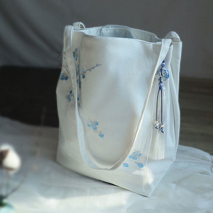 Flower Crane Plum Blossom Embroidery Canvas Large Capacity Shoulder Bag Tote Bag