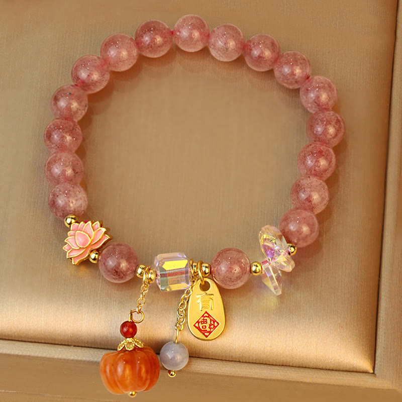 Buddha Stones Natural Strawberry Quartz Fu Character Pumpkin Charm Positive Bracelet