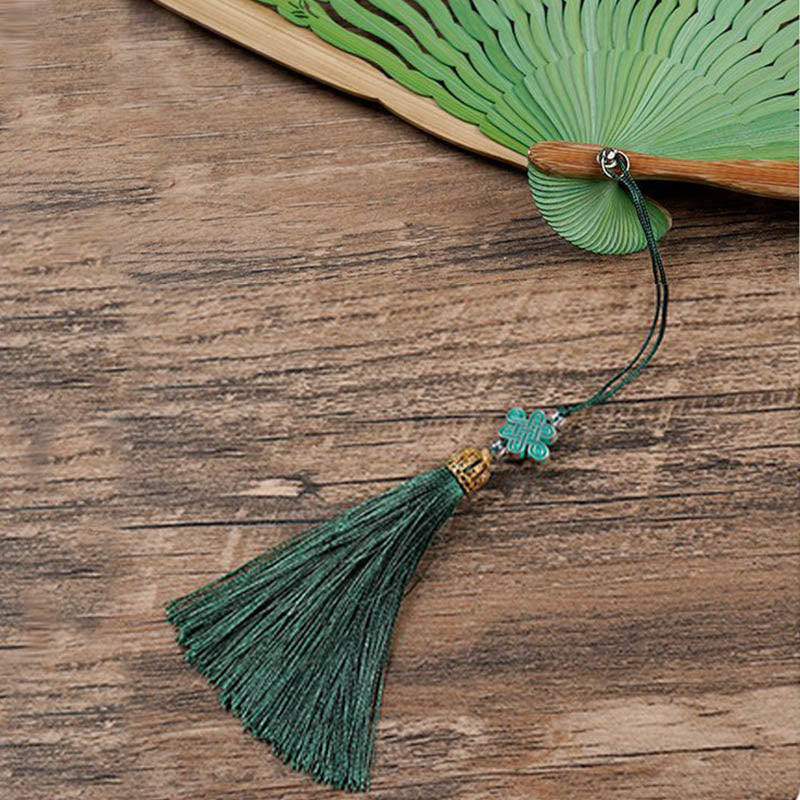 Buddha Stones Green Leaves Handheld Silk Bamboo Folding Fan