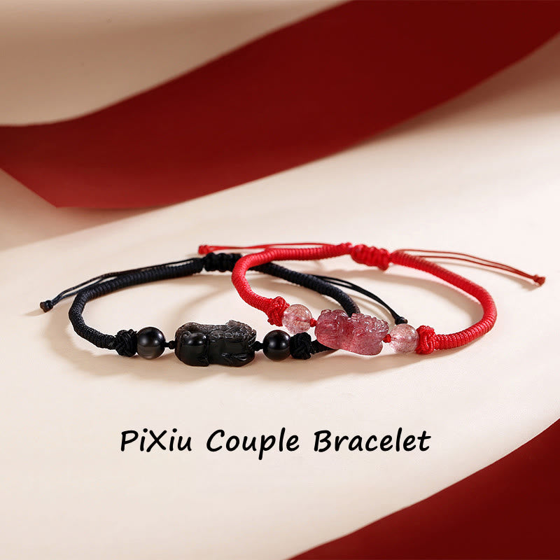 Buddha Stones Handmade Natural Silver Sheen Obsidian Strawberry Quartz PiXiu Protection Braided Bracelet - image 0