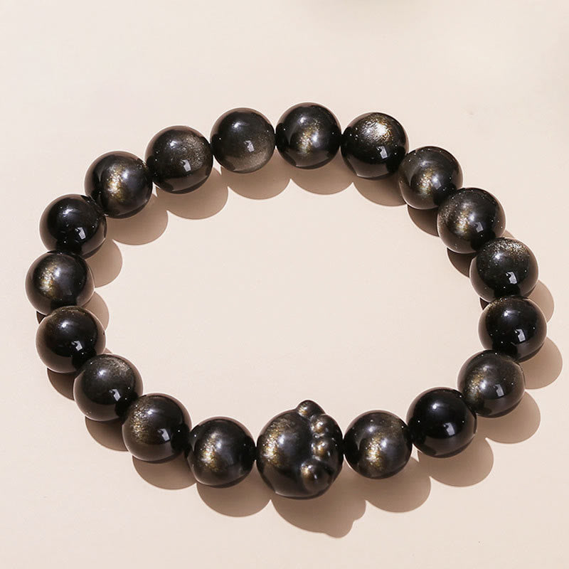 Buddha Stones Natural Gold Sheen Obsidian Silver Sheen Obsidian Cute Cat Paw Claw Wealth Bracelet - Gold Sheen Obsidian - 10mm - image 1