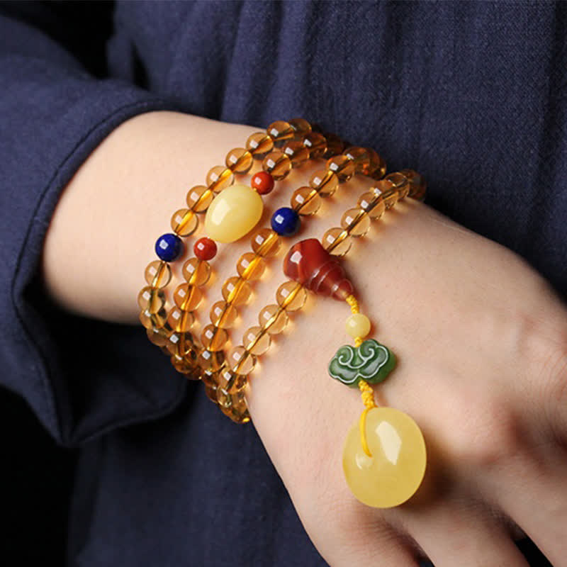 108 Mala Beads Natural Citrine Amber Peace Buckle Red Agate PiXiu Protection Charm Bracelet - image 2