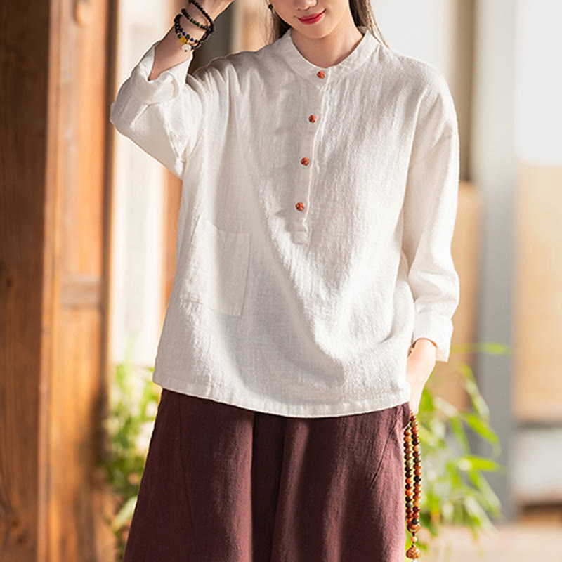 Buddha Stones Solid Color Loose Button Blouse Long Sleeve Shirt Top