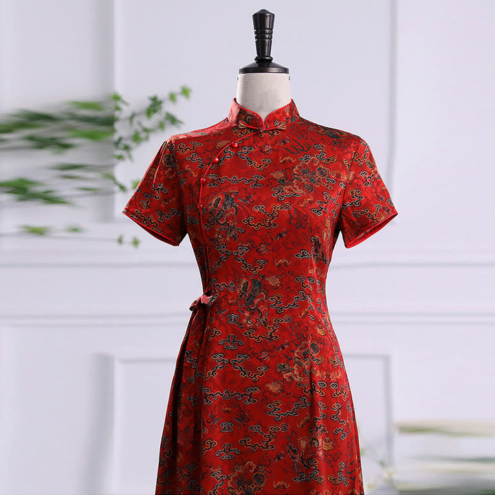 Buddha Stones Vintage Auspicious Clouds Leaf Print Cheongsam Dress Women's Qipao Dress