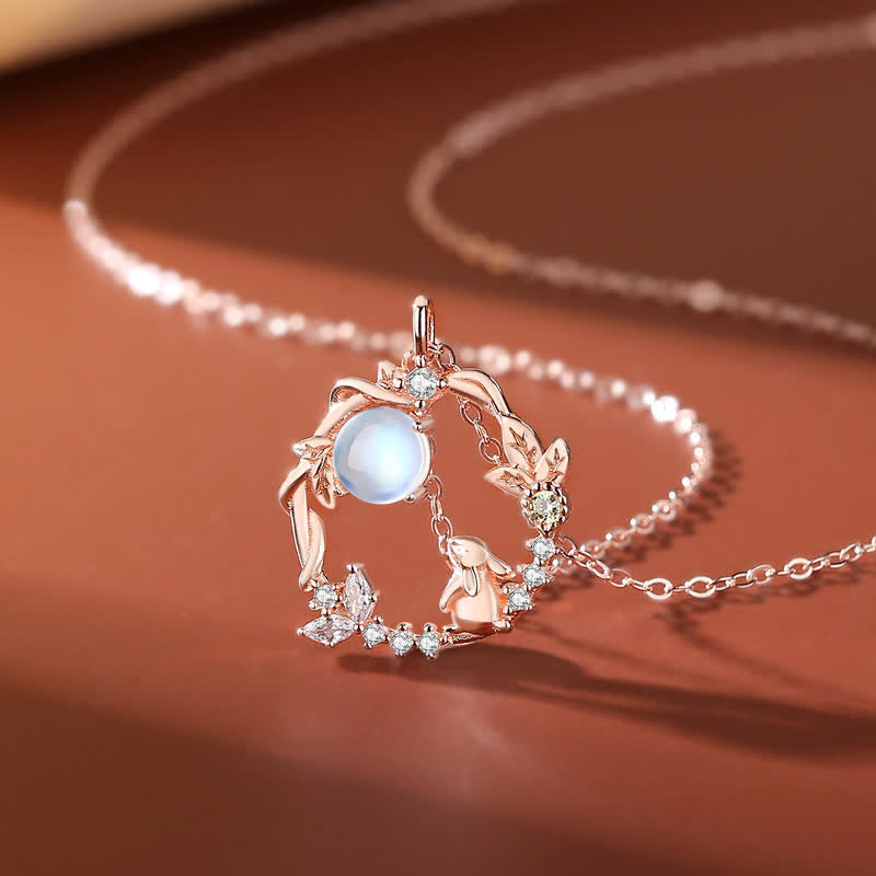 925 Sterling Silver Year of the Rabbit Moonstone Moon Flower Pattern Necklace Pendant Bracelet Earrings - Necklace - Rose Gold - image 1