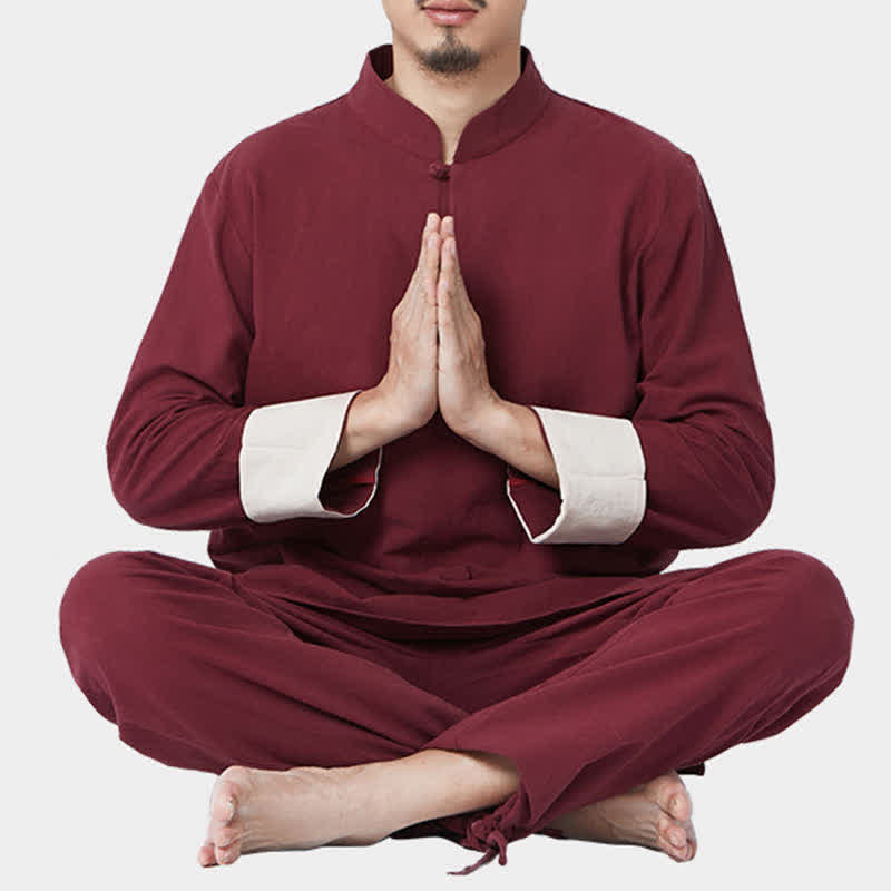 Spiritual Zen Meditation Yoga Prayer Practice Cotton Linen Clothing Men's Set - Wine Red - US/UK/AU44，EU54 (3XL) - image 0