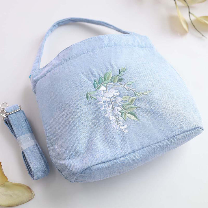 Buddha Stones Embroidery Wisteria Plum Lotus Cherry Blossom Cotton Linen Canvas Tote Crossbody Bag Shoulder Bag Handbag