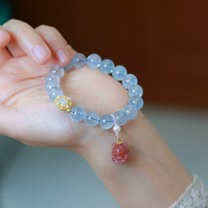 Natural Aquamarine Red Agate Pearl Beads Healing Charm Bracelet - Aquamarine - image 0