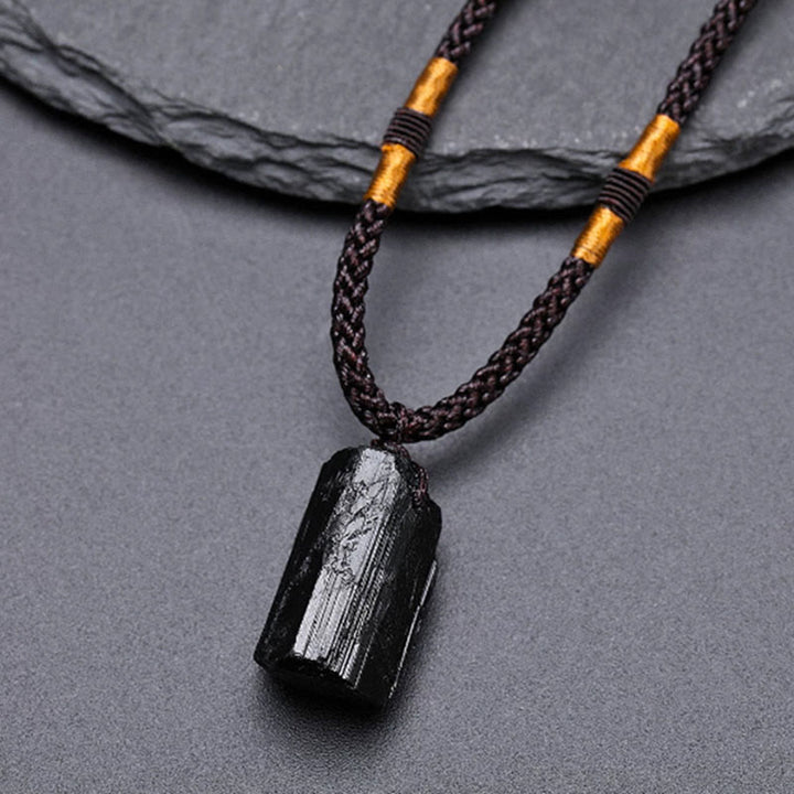 Buddha Stones Natural Black Tourmaline Positive Rope Necklace Pendant - Black Tourmaline(Raw elongated form · size varies) - image 0