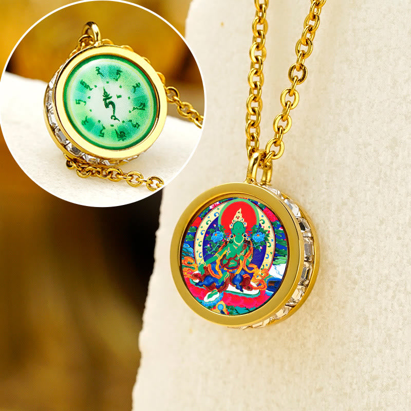 Buddha Stones Tibetan Yellow God Of Wealth Green Tara Buddha Serenity Titanium Steel Necklace Pendant - Front Green Tara Back Mantra - image 13