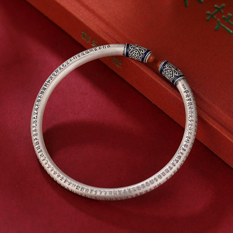 Buddha Stones 999 Sterling Silver Heart Sutra Engraved Red Agate Protection Bracelet Bangle - 18cm(Adjustable) - image 1