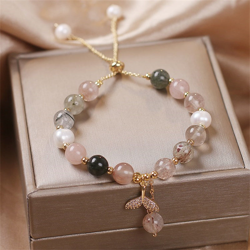 Buddha Stones Strawberry Quartz Rutilated Quartz Fishtail Charm Healing Bracelet