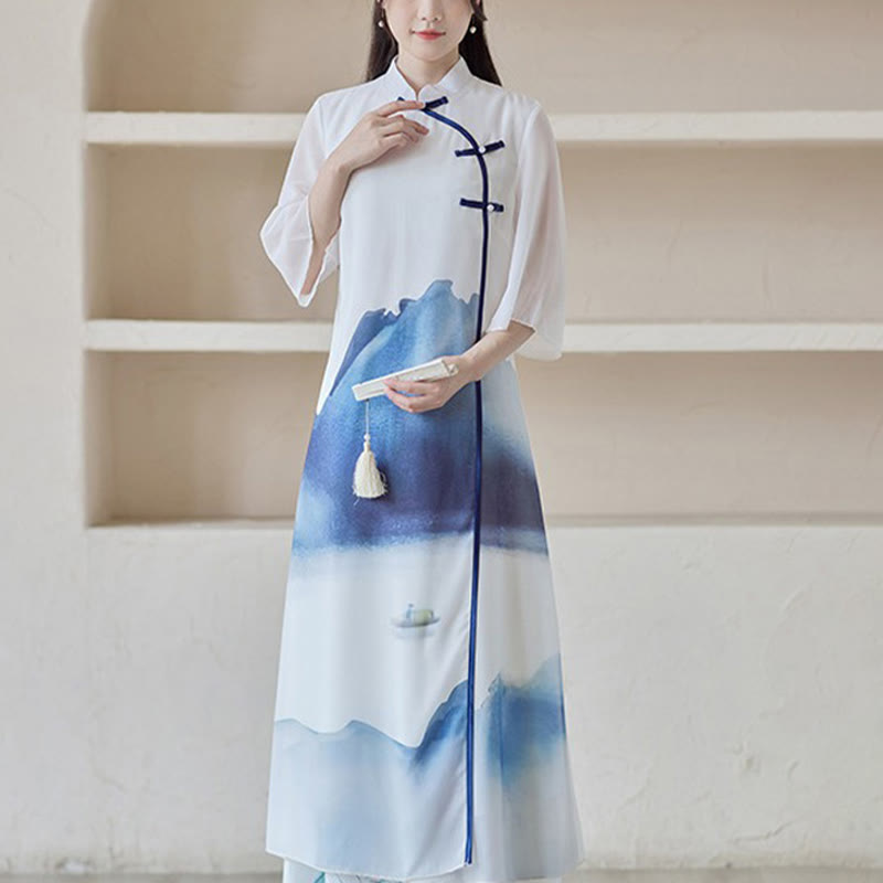 Buddha Stones Blue Landscape Painting Three Quarter Chinese Cheongsam Midi Dress