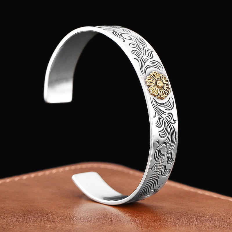 Buddha Stones Tang Dynasty Flower Design Rose Flower Feather Carved Copper Luck Bracelet Bangle - image 2