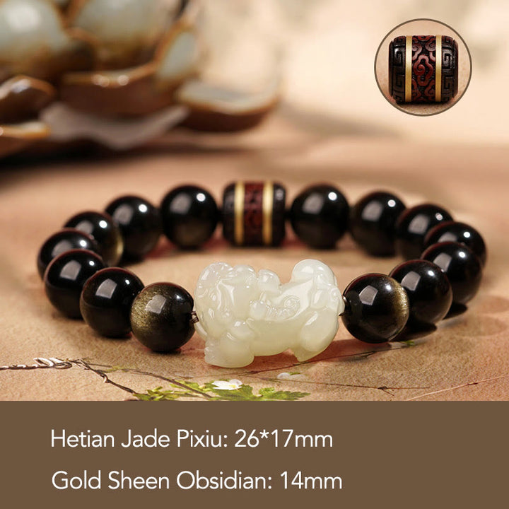 Buddha Stones Natural Gold Sheen Obsidian Hetian Cyan Jade White Jade PiXiu Wealth Bracelet