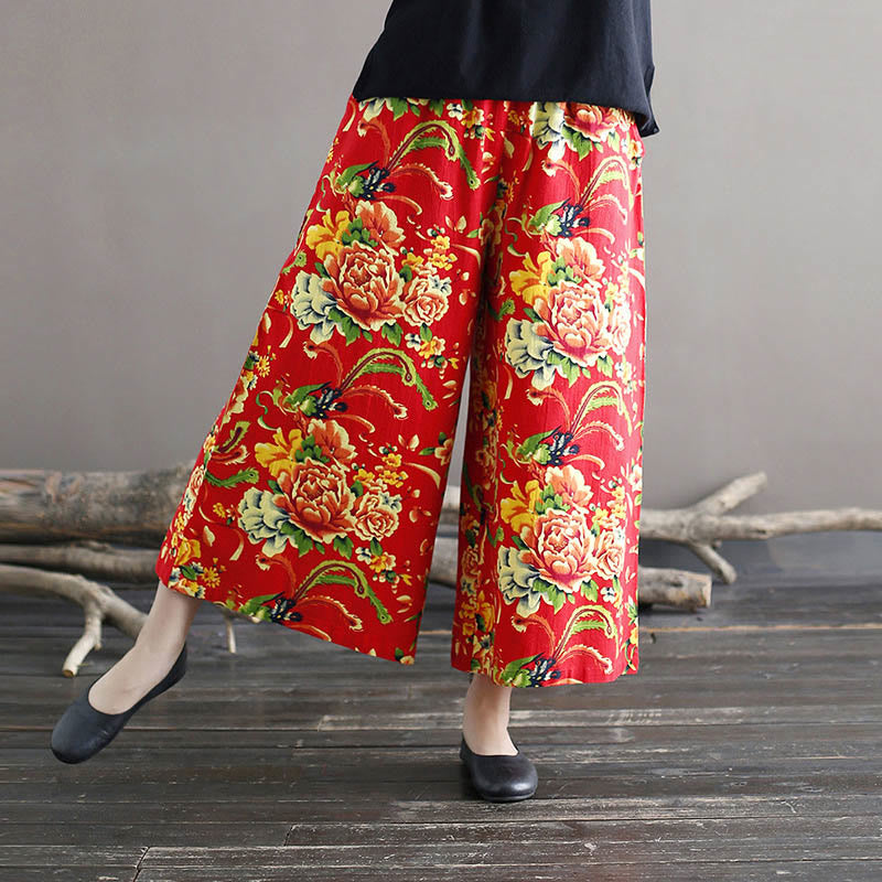 Buddha Stones Red Peony Flowers Cotton Linen Wide Leg Pants With Pockets