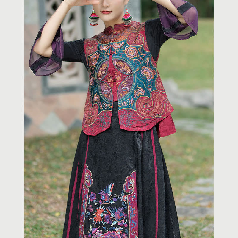 Buddha Stones Vintage Style Embroidery Flower Tang Suit Design Sleeveless Vest