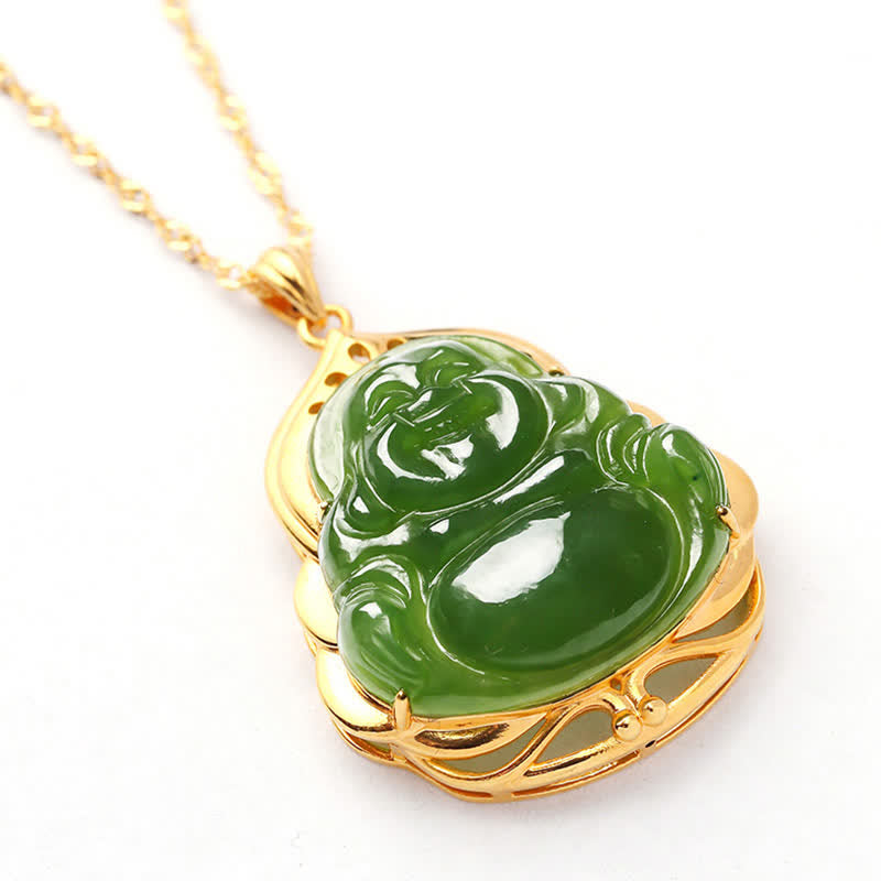925 Sterling Silver Natural Hetian Cyan Jade Laughing Buddha 18K Gold Healing Necklace Chain Pendant - image 10