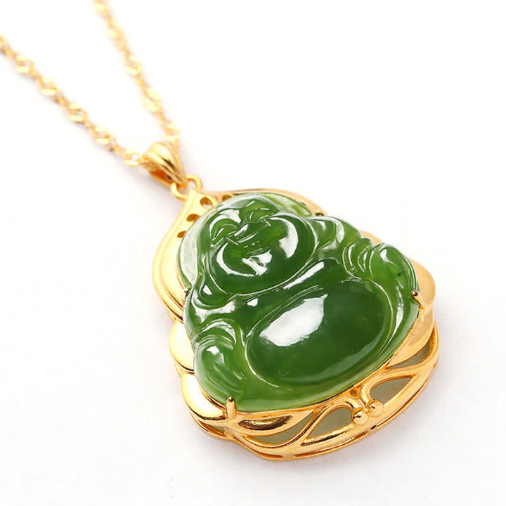 925 Sterling Silver Natural Hetian Cyan Jade Laughing Buddha 18K Gold Healing Necklace Chain Pendant - image 10