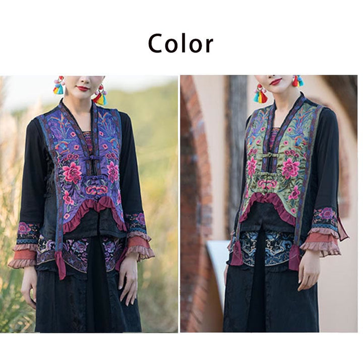 Buddha Stones Vintage Embroidery Flower Pattern Tang Suit Design Vest