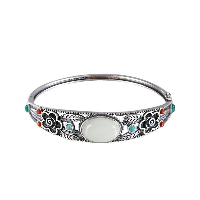 Buddha Stones Cyan Jade White Jade Flower Leaf Harmony Luck Bracelet Bangle - image 13