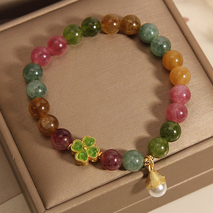 Buddha Stones Colorful Tourmaline Four Leaf Clover Flower Wisdom Bracelet