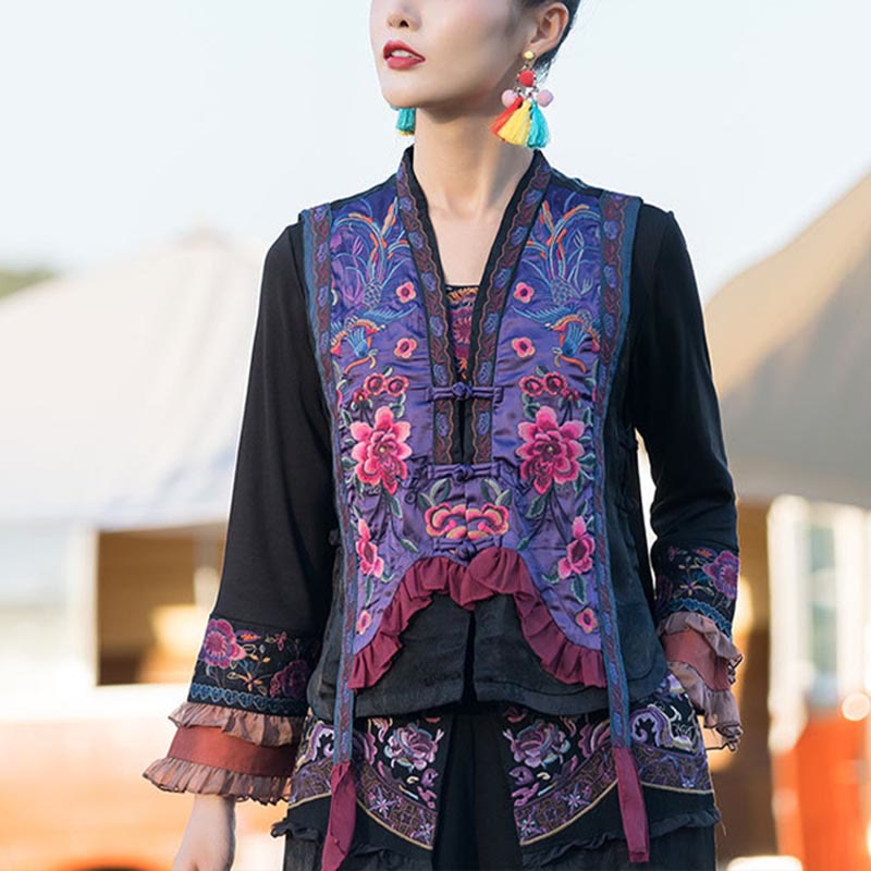 Buddha Stones Vintage Embroidery Flower Pattern Tang Suit Design Vest