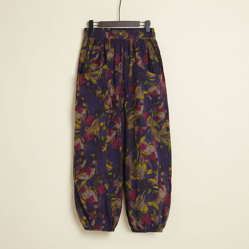 Buddha Stones Casual Flower Geometry Graffiti Pattern Cotton Linen Harem Pants With Pockets