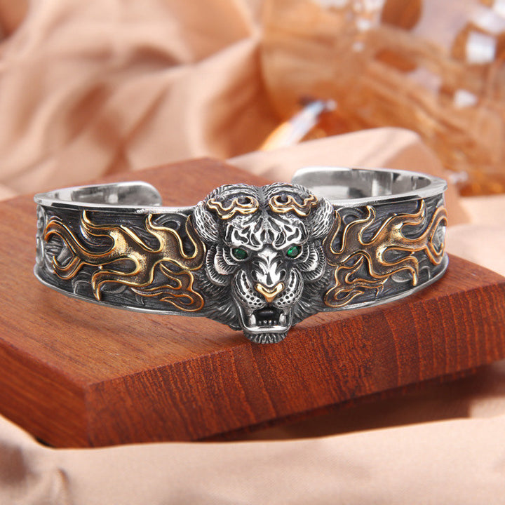 925 Sterling Silver Chinese Zodiac Tiger Keep Away Evil Spirits Bracelet Bangle - 925 Sterling Silver - image 1