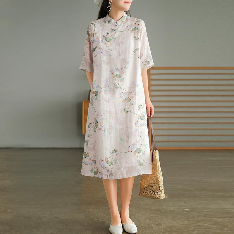 Buddha Stones Frog-button Leaves Branches Midi Dress Cotton Linen Short Sleeve Dress With Pockets