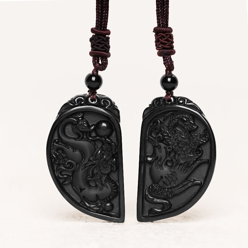 Buddha Stones Black Obsidian Love Dragon Phoenix Protection Necklace Pendant - image 1