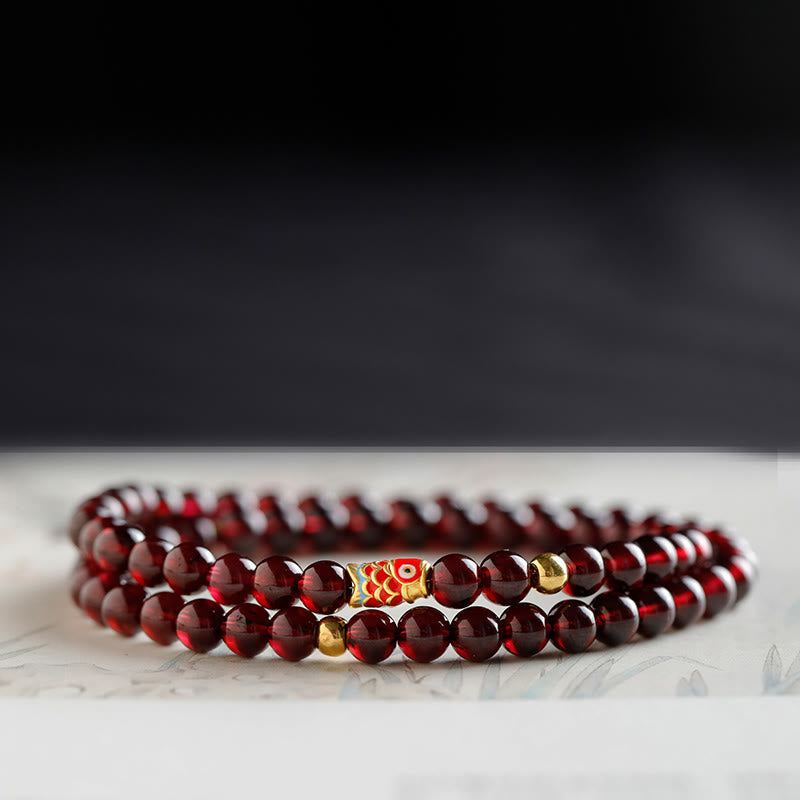 Buddha Stones 999 Gold Koi Fish Natural Garnet Protection Bracelet - 5mm-Garnet&Gold Koi Fish Double Wrap Bracelet - 17cm - image 13
