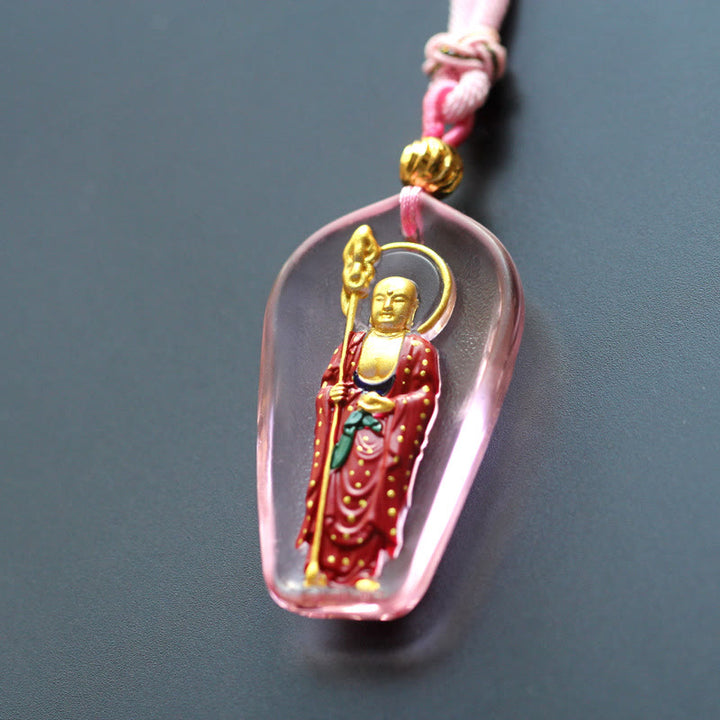 Buddha Stones Ksitigarbha Buddha Liuli Crystal Compassion Amulet Necklace Pendant - Pink Standing Ksitigarbha - image 8