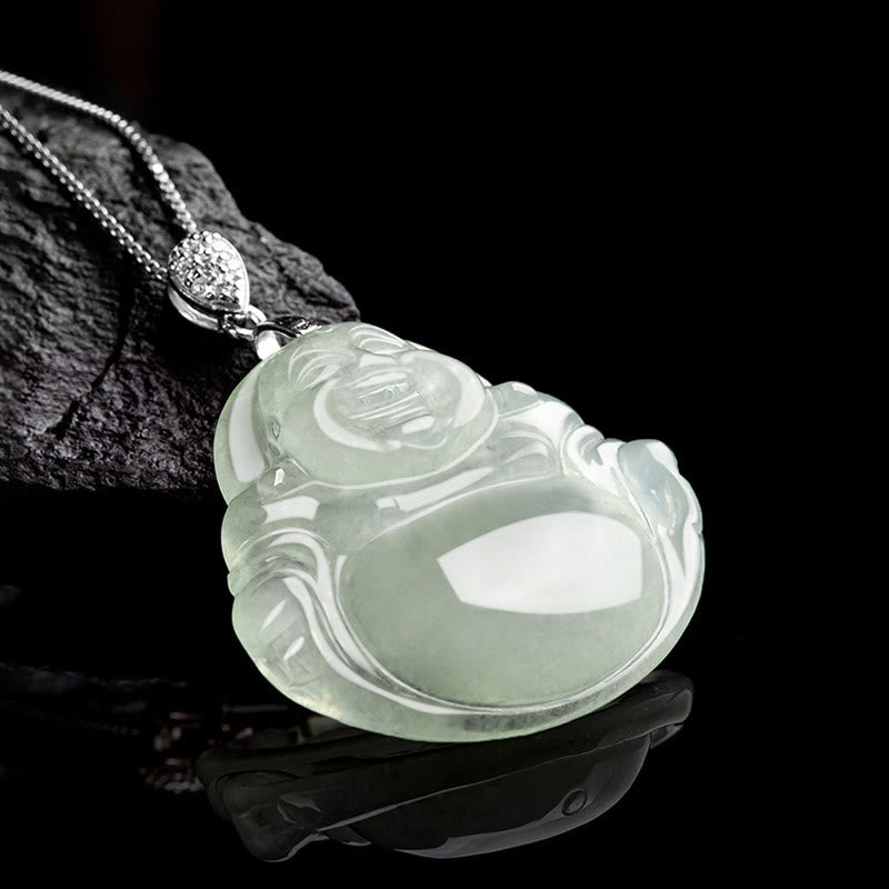 Buddha Stones Natural Jade Laughing Buddha Prosperity Abundance Titanium Steel Chain Necklace Pendant - image 2