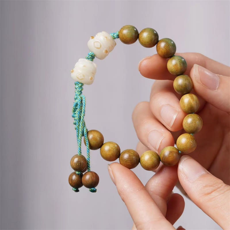 Buddha Stones Green Sandalwood Bodhi Seed Lucky Cat Positive Bracelet - image 3