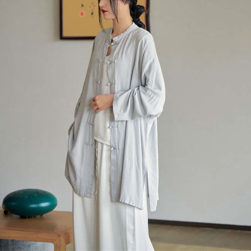 Buddha Stones Plain Frog-Button Design Shirt Zen Tai Chi Meditation Top Clothing Cotton Linen Jacket