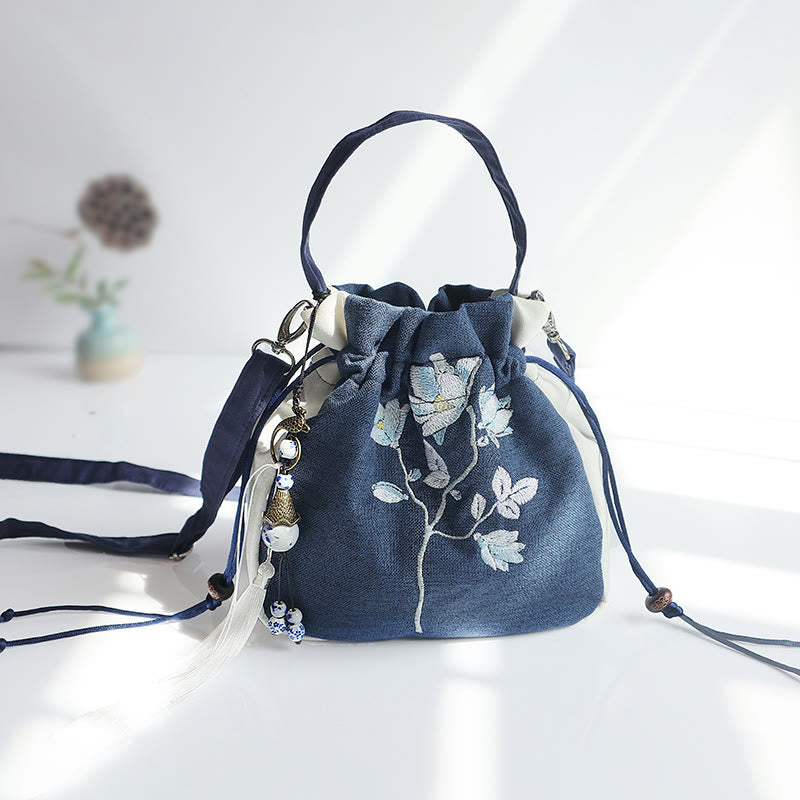 Buddha Stones Handmade Embroidered Flowers Canvas Tote Shoulder Bag Handbag - Blue White Flower Leaves 20*20cm - image 20