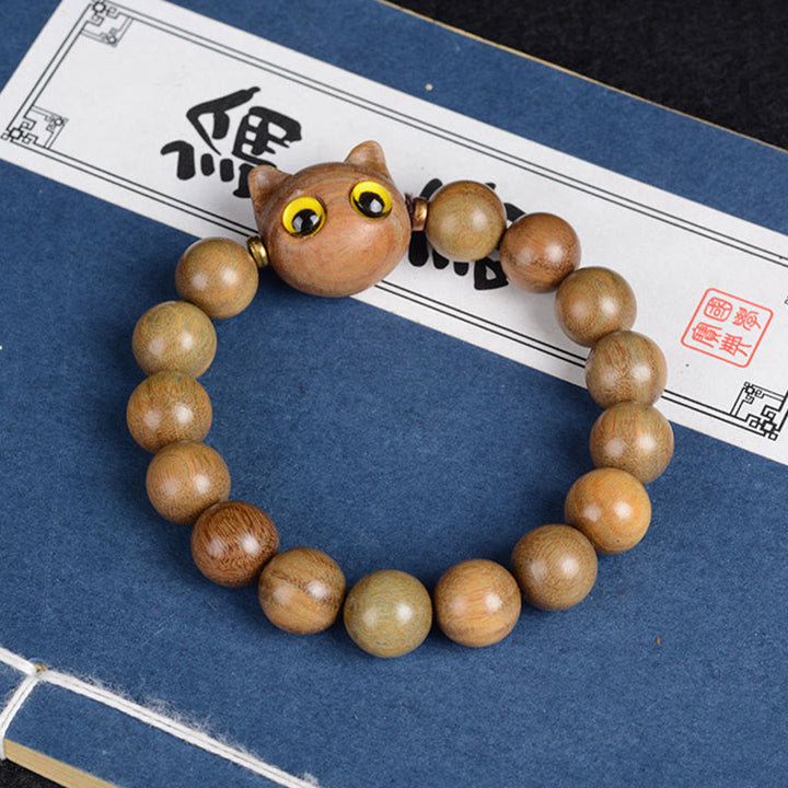 Buddha Stones Ebony Wood Green Sandalwood Red Sandalwood Lovely Cat Balance Bracelet - Green Sandalwood Cat 12mm*15 Beads(Wrist Circumference 14-16cm) - image 8
