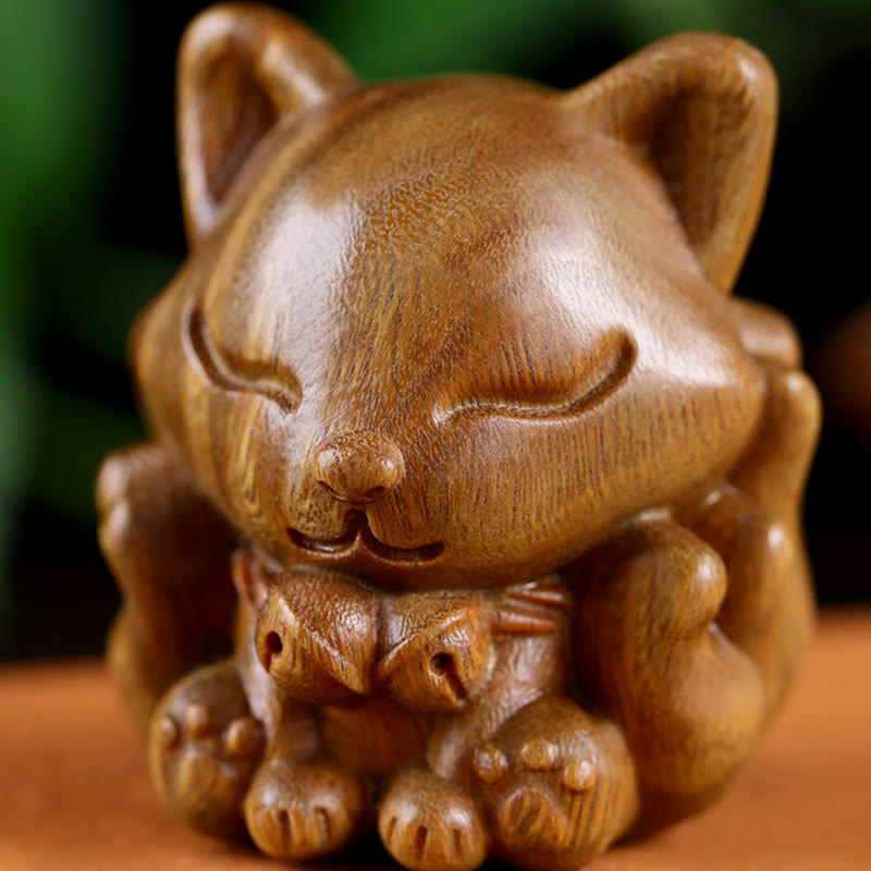 Buddha Stones Mini Nine Tailed Fox Ivory Fruit Sandalwood Green Sandalwood Blessing Decoration