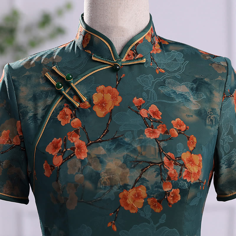 Buddha Stones Retro Flower Lotus Peony Feather Print Qipao Dress Women's Cheongsam Dress - image 4