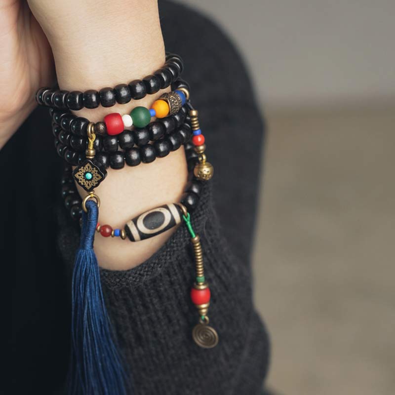 Buddha Stones 108 Beads Mala Ebony Wood Dzi Bead Copper Balance Tassel Bracelet - image 2