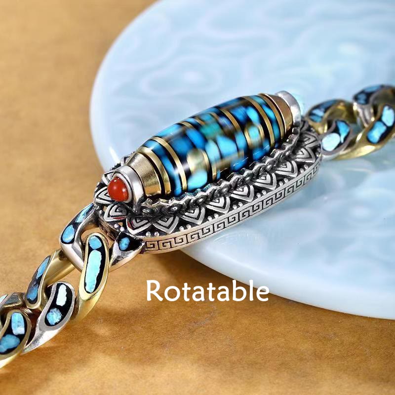 Buddha Stones Tibetan Nine-Eye Dzi Bead Om Mani Padme Hum Turquoise Protection Rotatable Bracelet - image 2