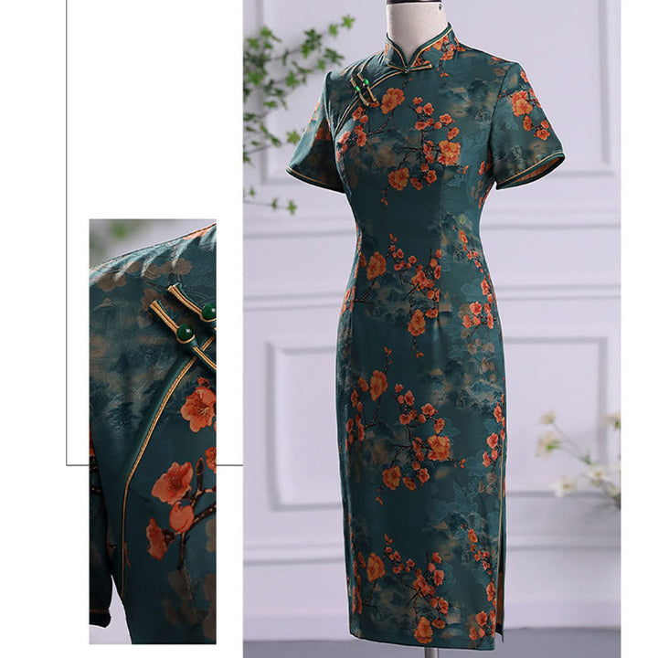 Buddha Stones Retro Flower Lotus Peony Feather Print Qipao Dress Women's Cheongsam Dress